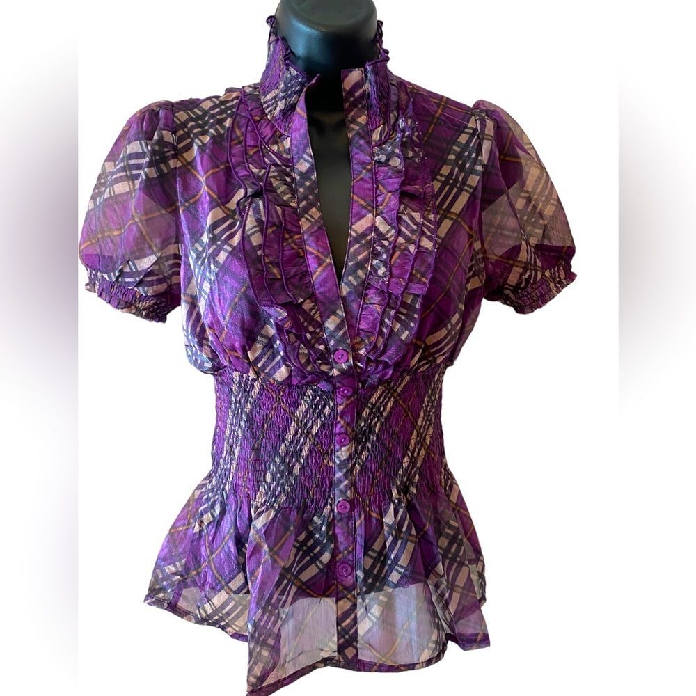 Lucy & Company purple plaid sheer top size M NWT / juniors / business casual